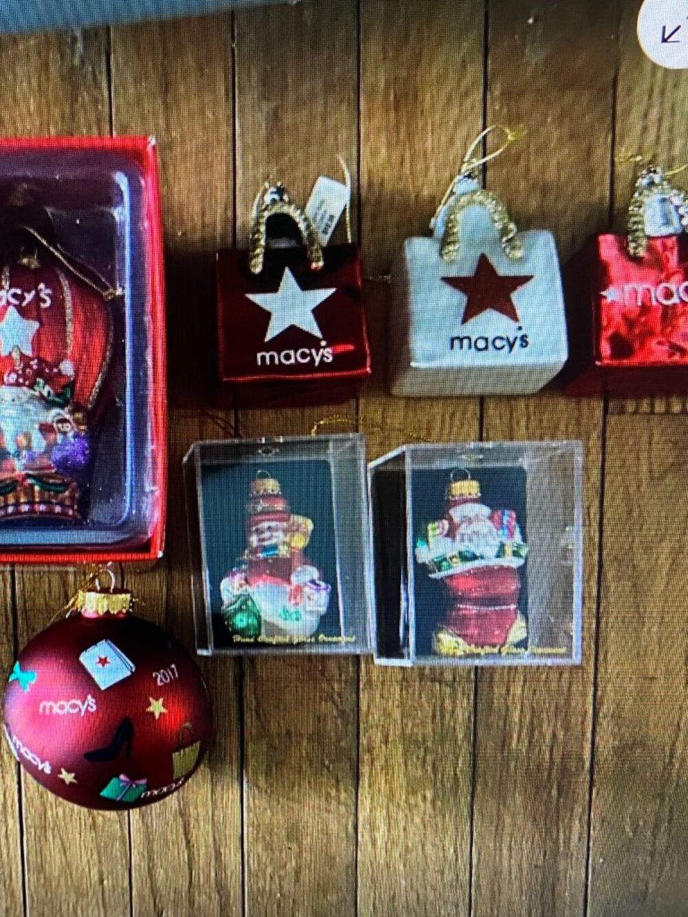 Vtg Lot 8 Macy's Christmas Glass Ornaments - 3 Shopping Bags*Hot Air Balloon++